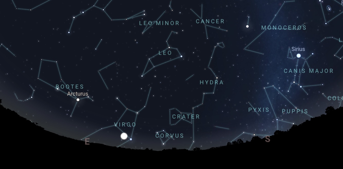 As Leónidas teñen o seu radiante na constelación de Leo (no centro da imaxe). Así se verá o ceo ás 6.25 da madrugada do martes. Fonte: Stellarium.