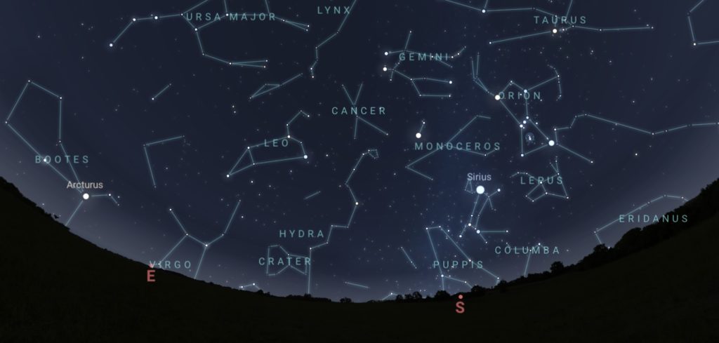 Situación aproximada das constelacións ás 5.30 da madrugada do 17 de novembro. As Leónidas parecen proceder da constelación de Leo. Fonte: Stellarium.
